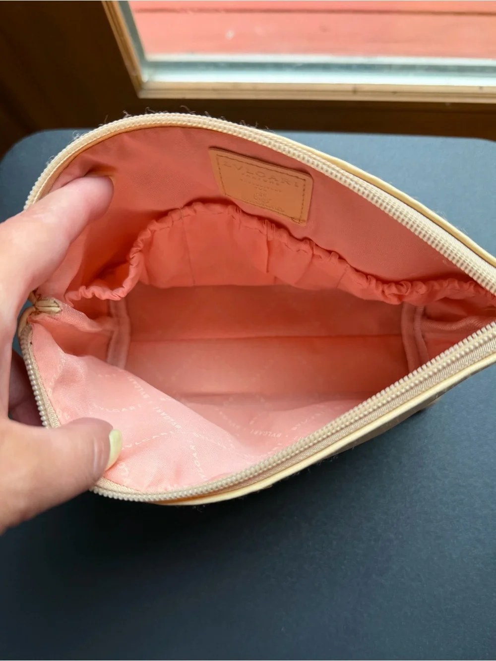 Bulgari Cream Blush Leather Cosmetic Pouch Metal Logo NWOT (8” by 5” by 2.5”)